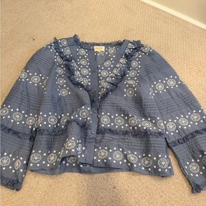 Sezane blue long sleeve embroidered top size 44 (US 12)